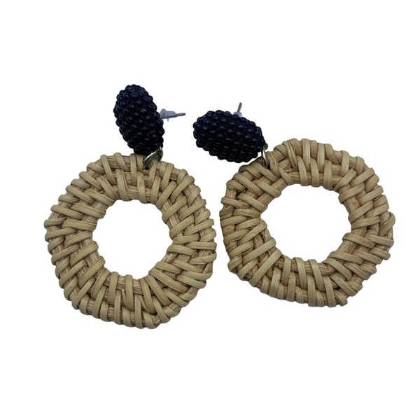 Rattan Dangle Hoop Earrings Boho Pierced Straw Wicker Braided Woven Earrings Tan - Picture 13 of 13